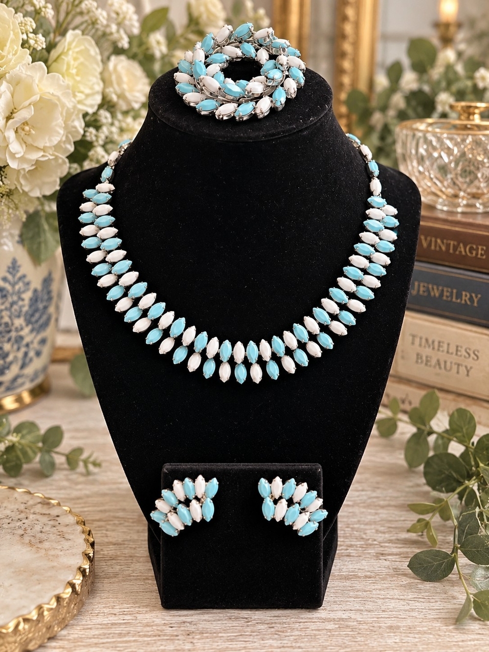Vintage Kramer Robin’s Egg Blue & Milk Glass Jewelry Set